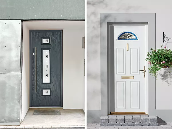 A composite door and UPVC door side by side