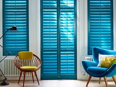 Blue plantation shutters